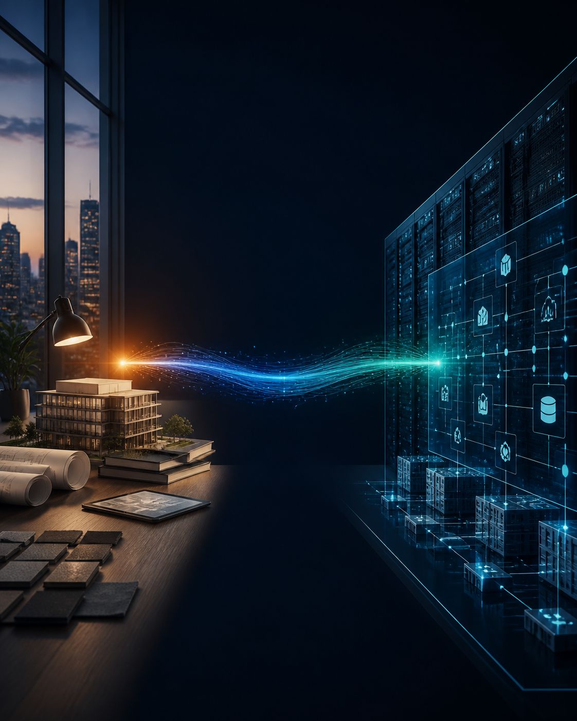 a visual metaphor of two worlds connected a grounded real estate workspace on one side an ai infrastructure systems array on the other