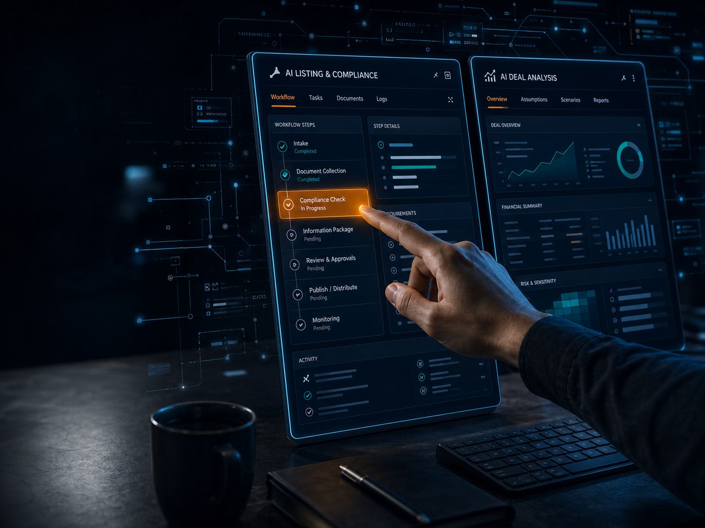 two glowing ai tool panels presented openly on a dark workspace one showing a listing compliance screen one showing a deal analysis screen