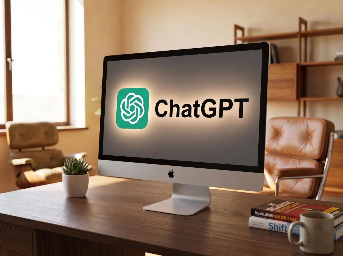 chat gpt logo on apple monitor in an office