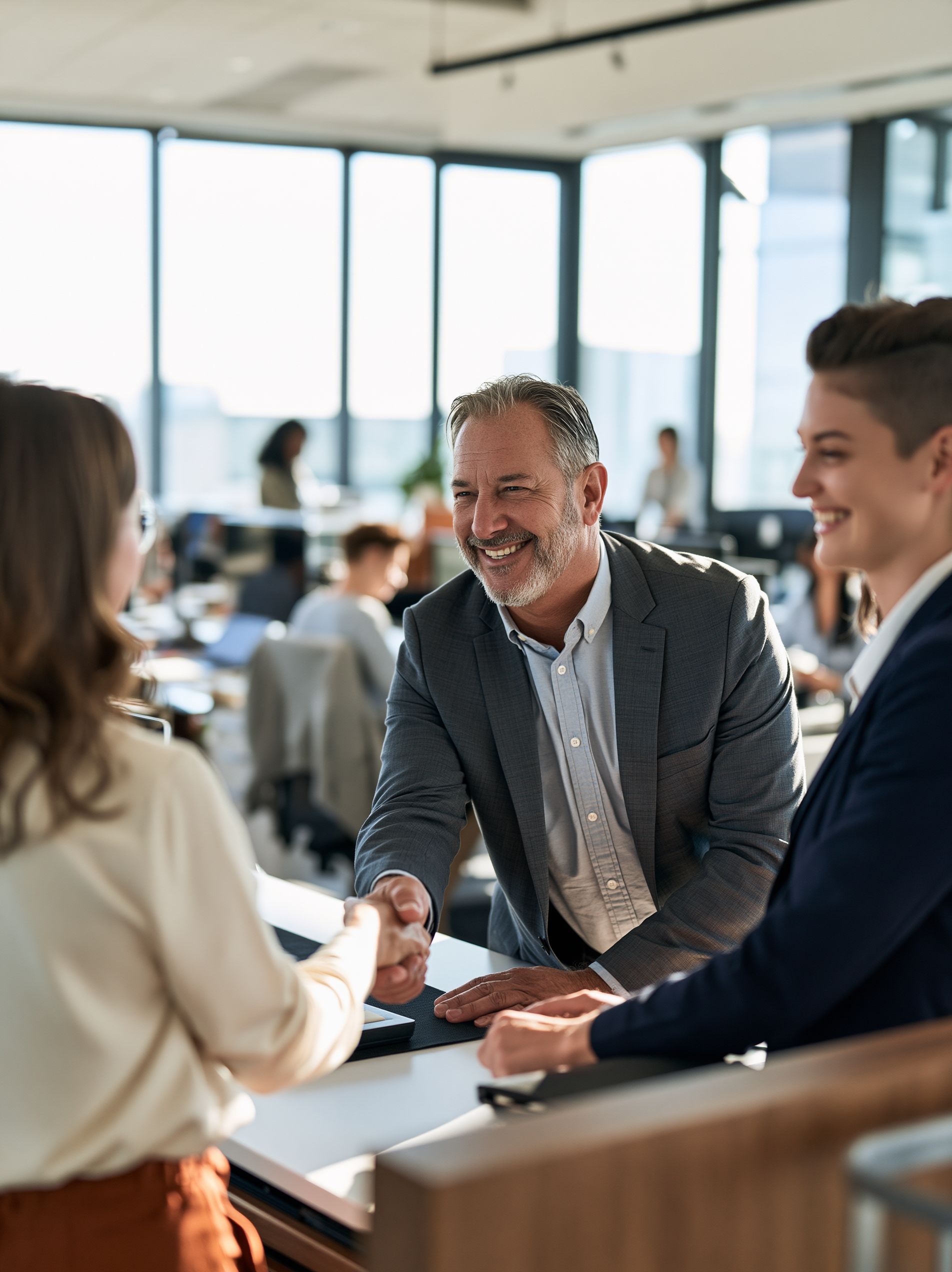 A brokerage owner in his fifties smiling and shaking hands with a younger agent across a desk in a bright, busy real estate office