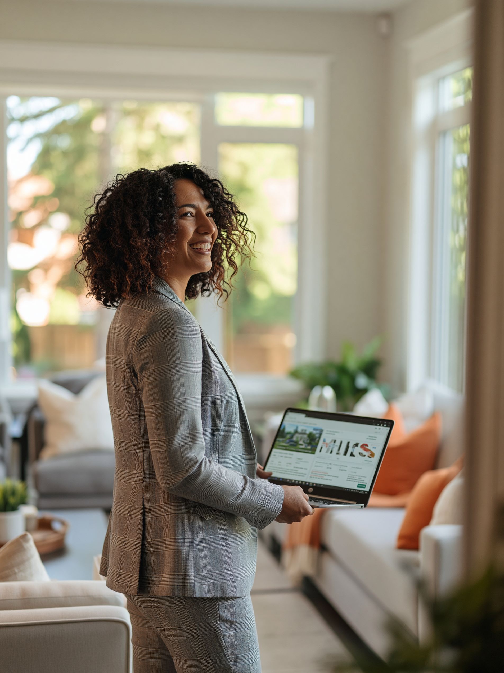 A real estate agent laughing as she looks up from a laptop showing a finished listing, standing in a bright, staged living room