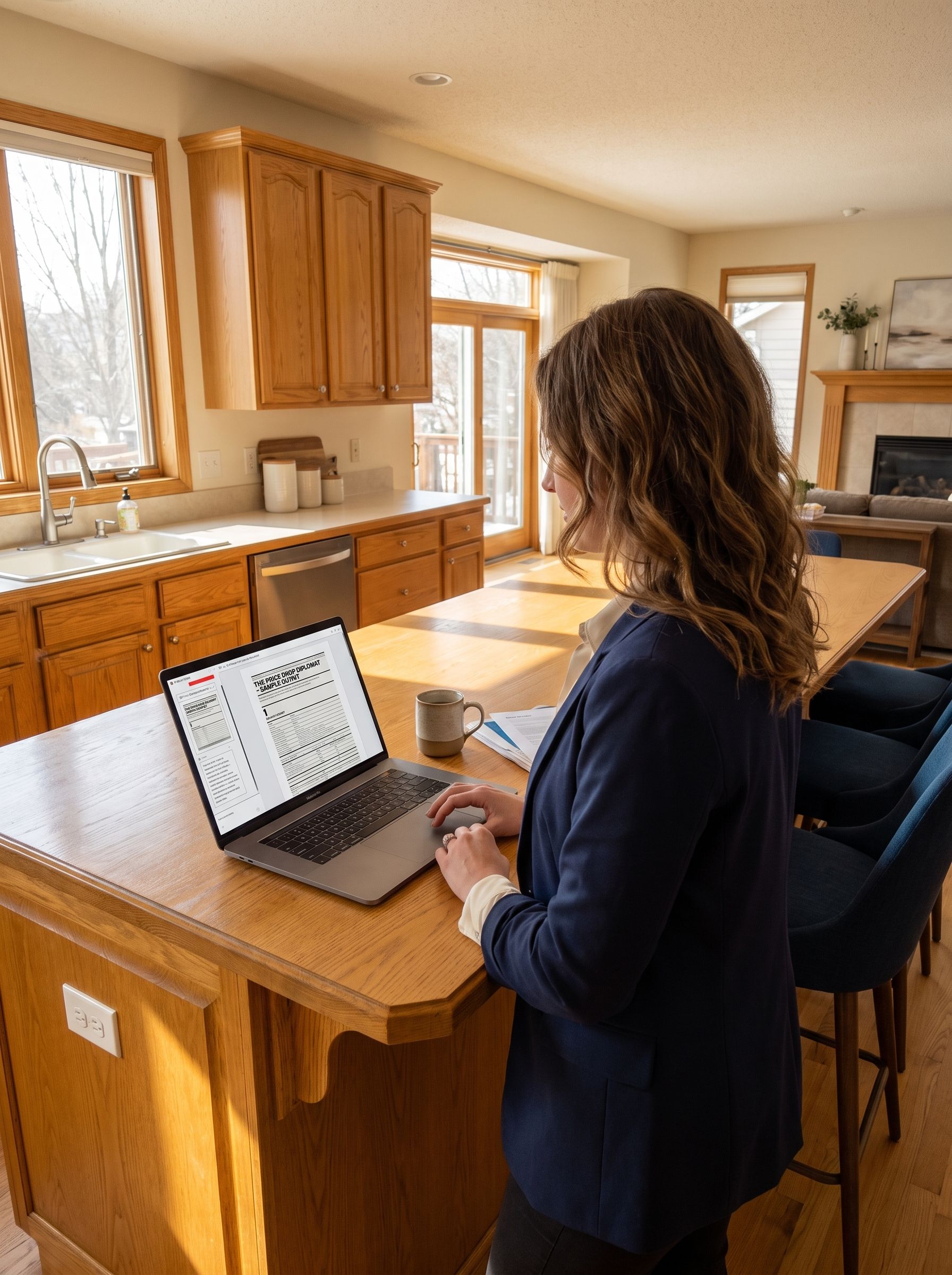 agent using price drop diplomat at a kitchen counter