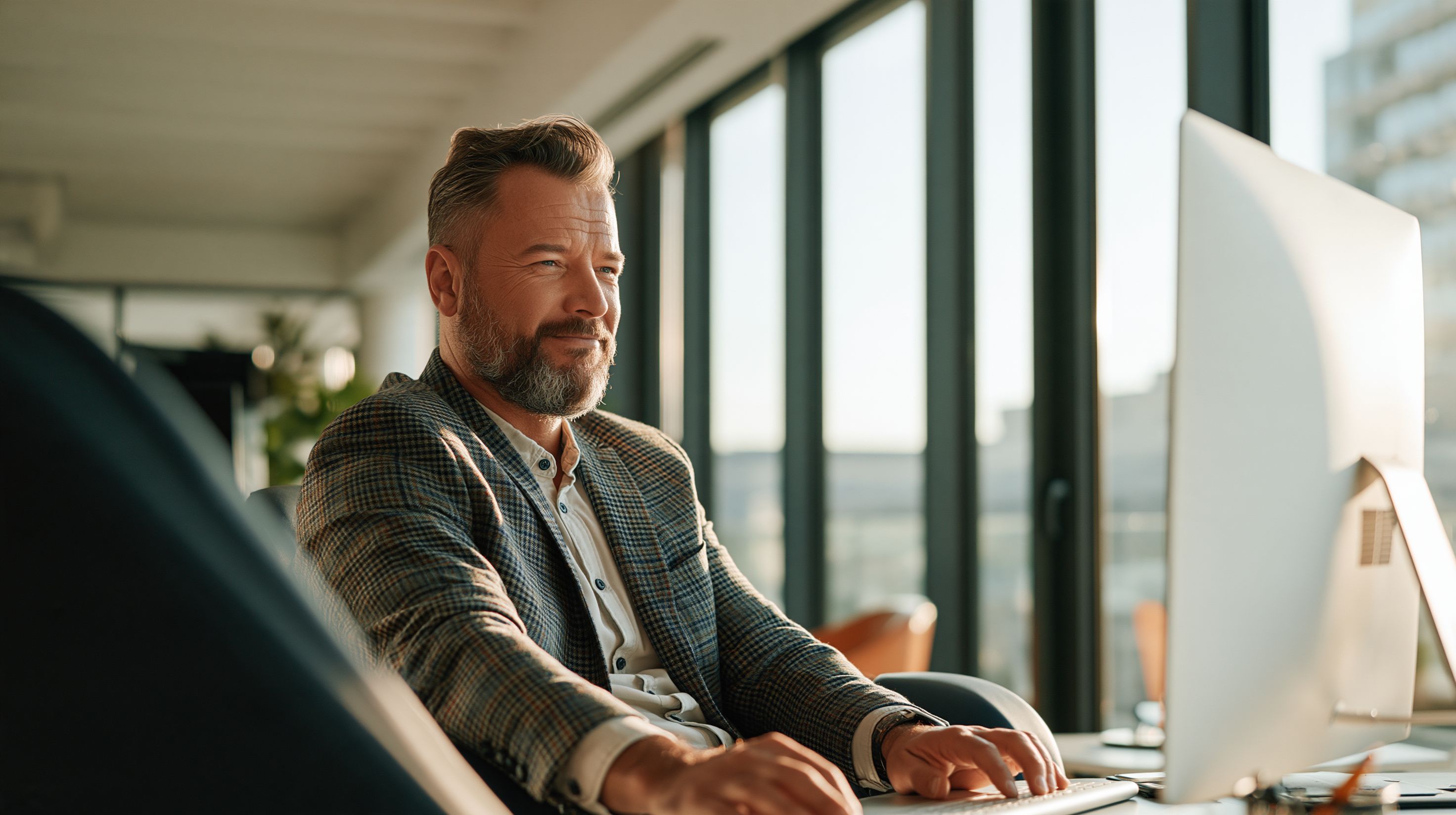 A real estate professional working at a keyboard with a focused expression, a large monitor beside him in a bright office
