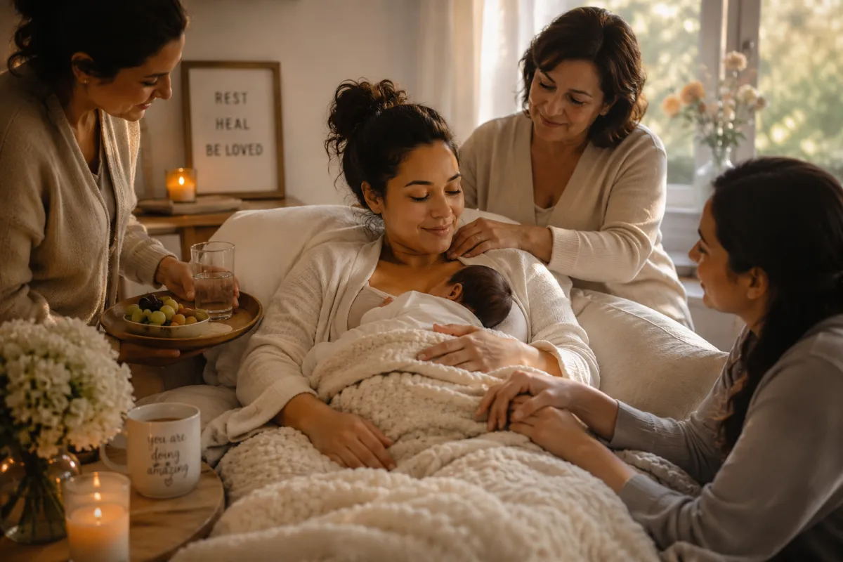 New mother gently cradling her newborn, calm and softly lit on a transparent background