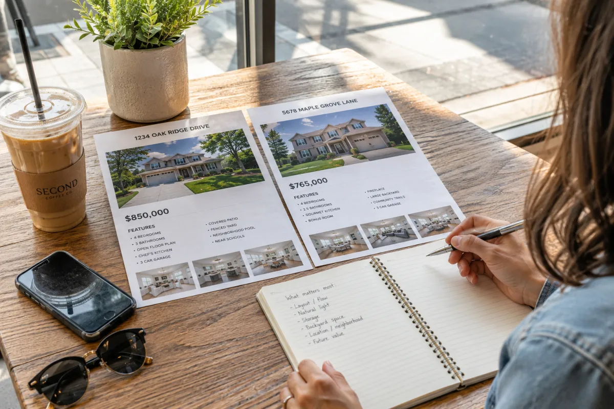 Buyer comparing two printed property sheets at a coffee shop table.