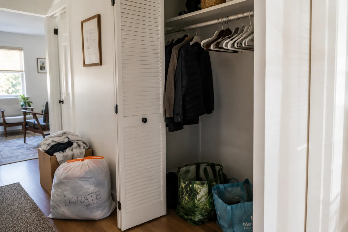 Packed moving boxes and home organization supplies in a lived-in home while preparing to sell and search for a new house.