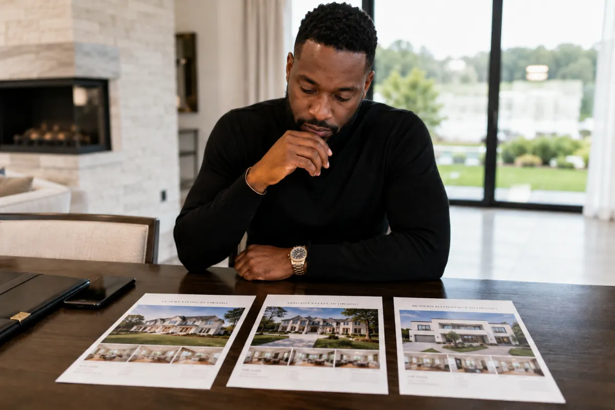 Luxury home buyer reviewing options and making a strategic purchase decision in an upscale Oklahoma home setting
