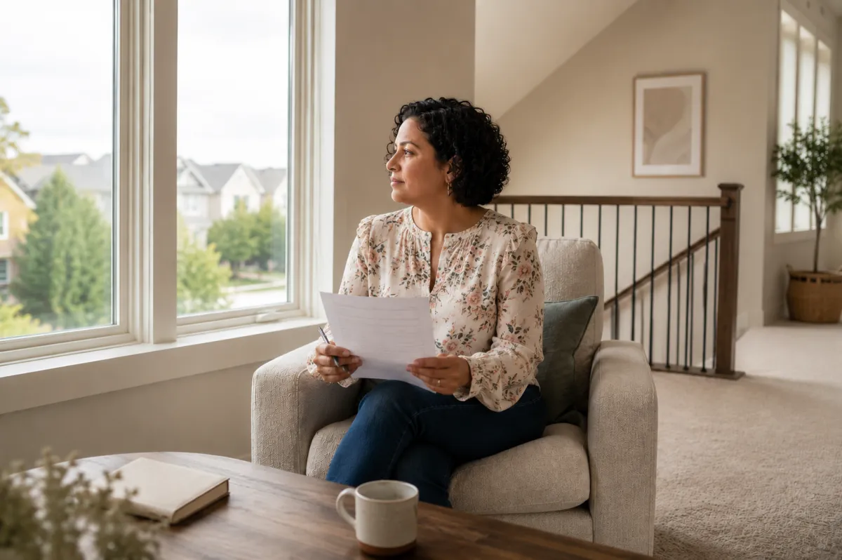 Homeowner seated in a bright upstairs loft of an upscale Oklahoma suburban home, reviewing a home planning worksheet while looking thoughtfully out large windows, with natural daylight and a calm move-up lifestyle atmosphere.