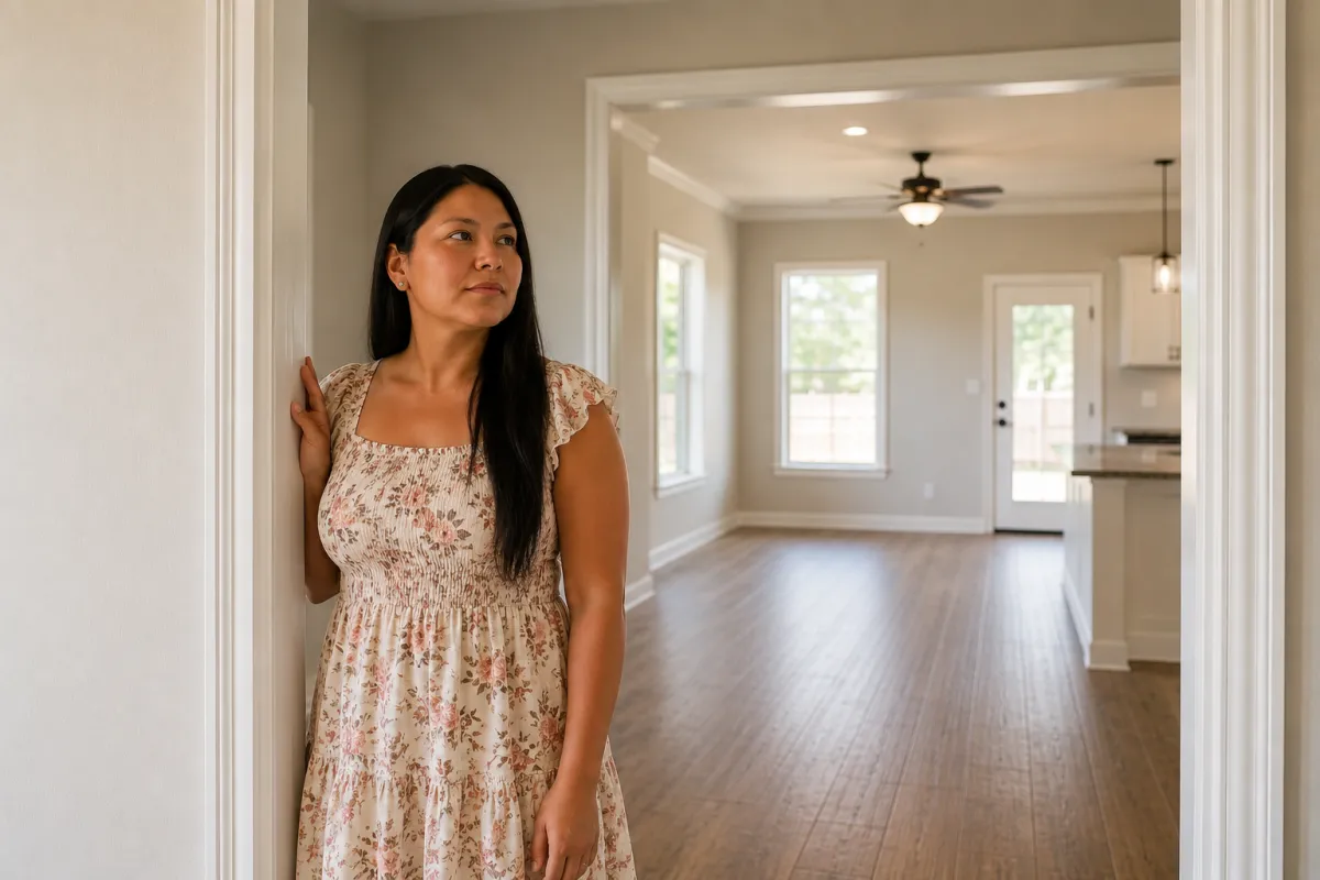 Native American homebuyer standing inside a completed unfurnished Oklahoma home, resting one hand on a doorway while thoughtfully looking into connected living spaces filled with warm natural light.