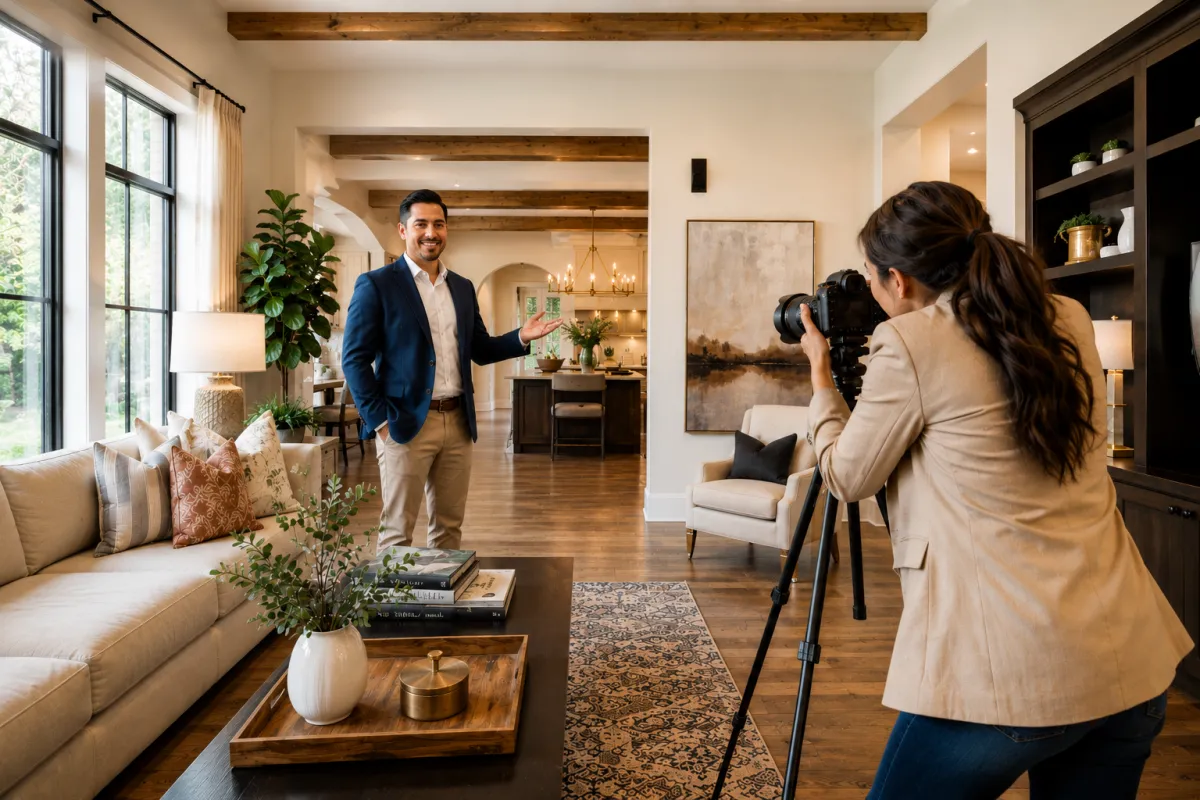 Behind-the-scenes luxury home marketing session inside an upscale Oklahoma property