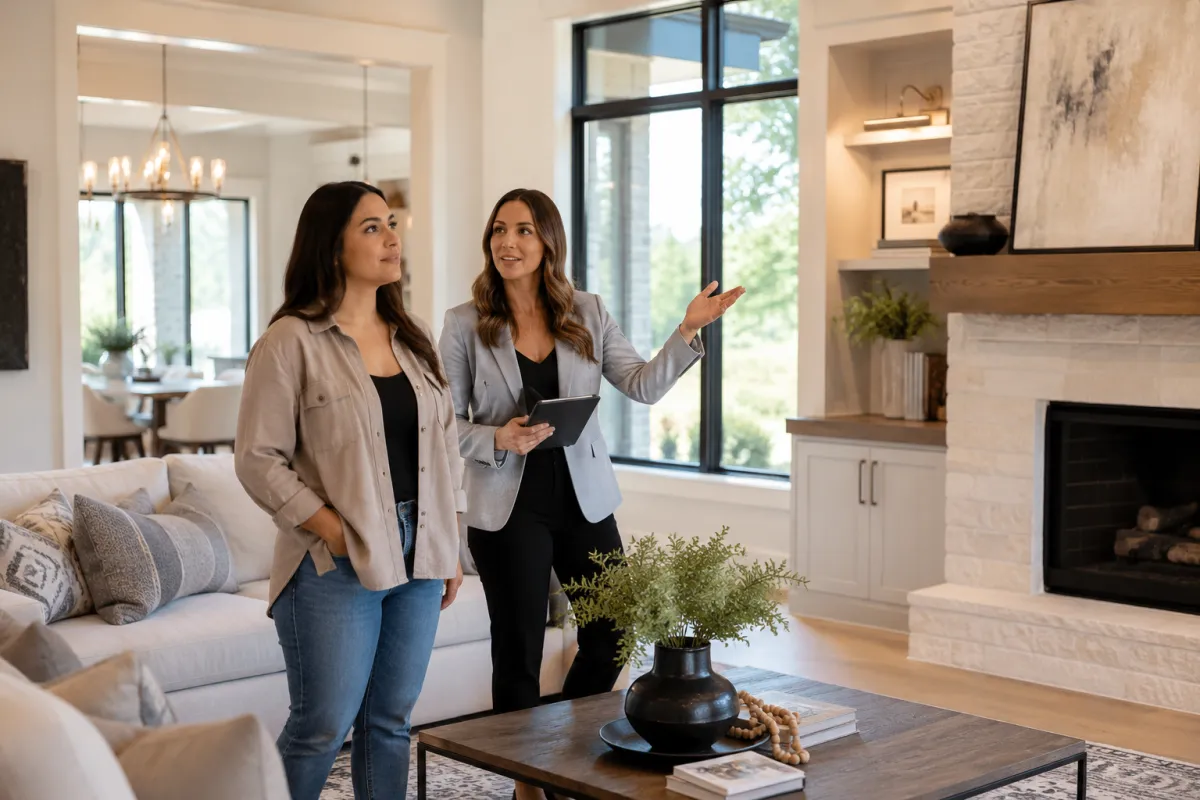 A Native American buyer touring a gorgeous Oklahoma home with a REALTOR®, stopping in the living room and quietly admiring the space.