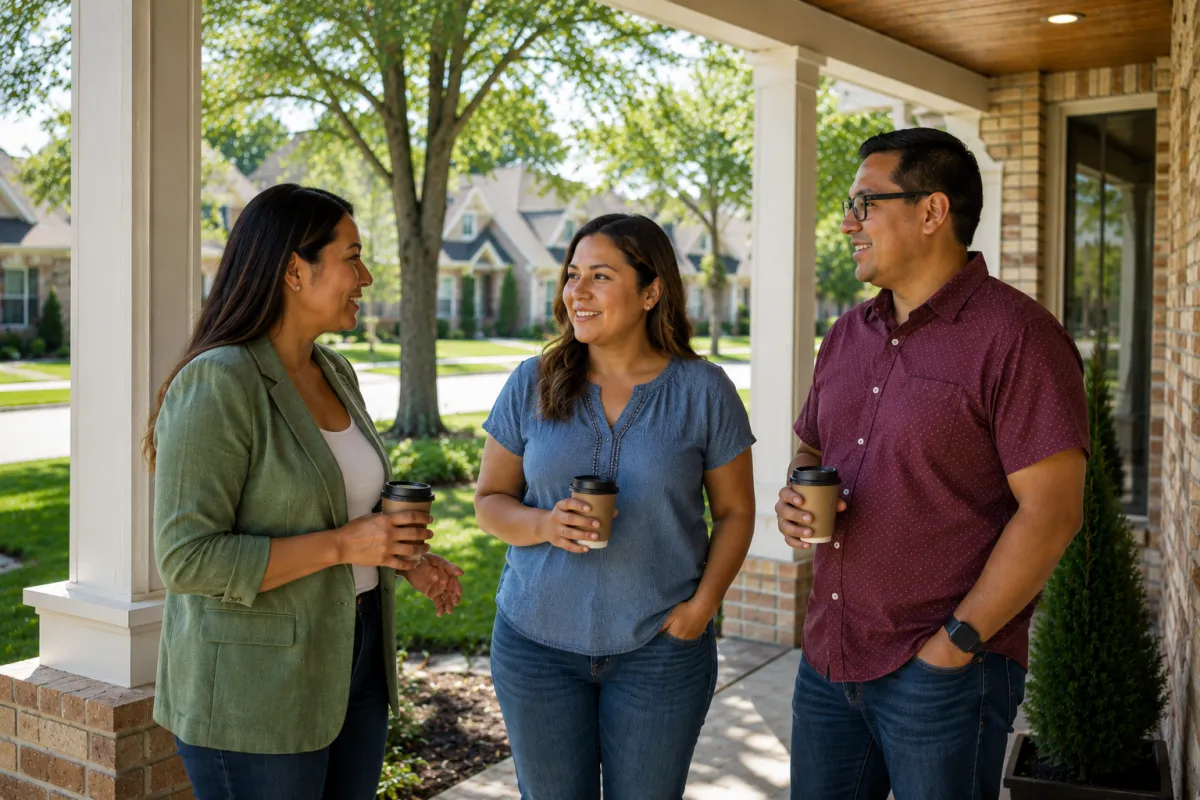 Buyers standing on a covered front porch after a home tour, casually discussing the home with their REALTOR® while holding coffee cups. Bright Oklahoma afternoon with mature trees and upscale suburban neighborhood.
