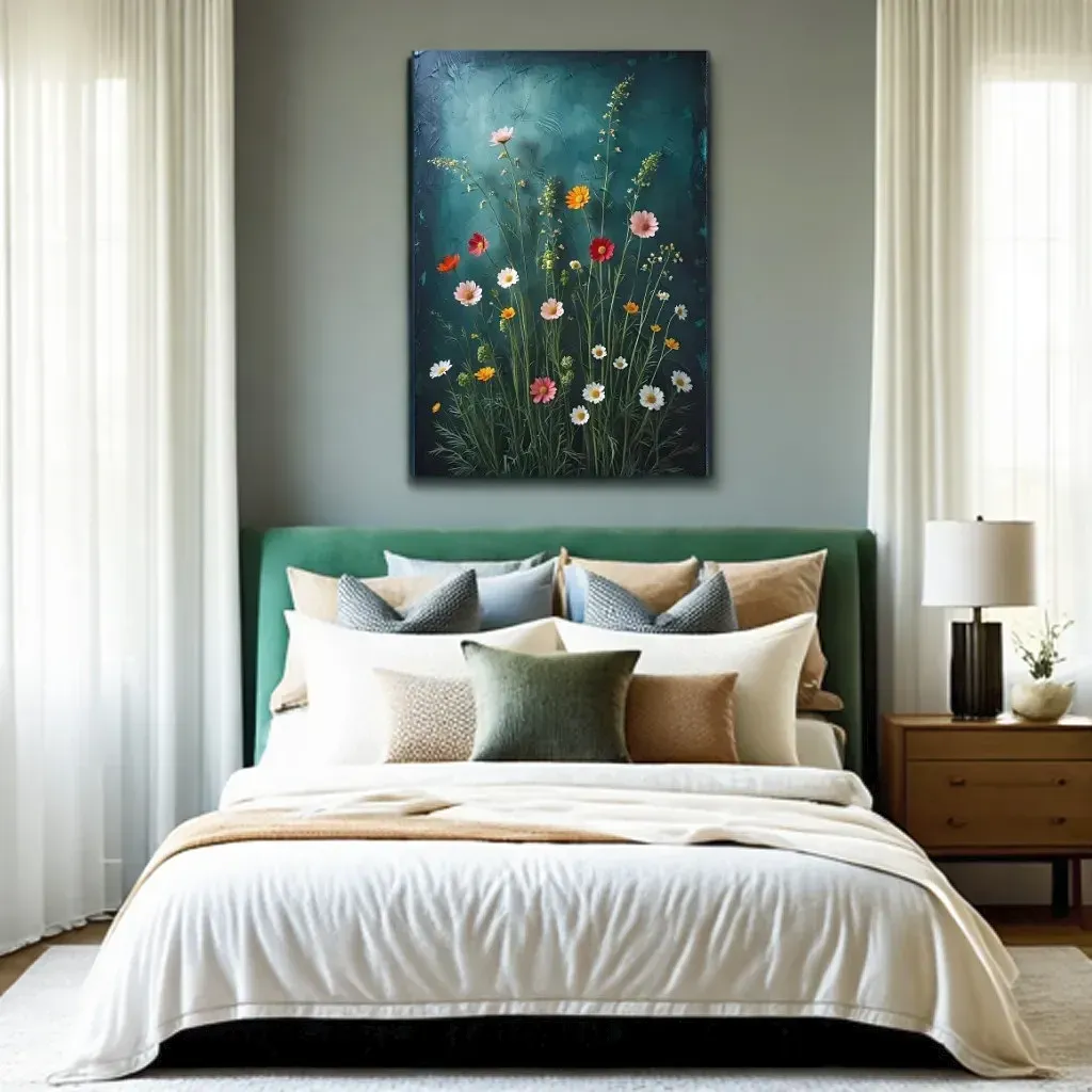 teal wildflower painting in an emerald bedroom