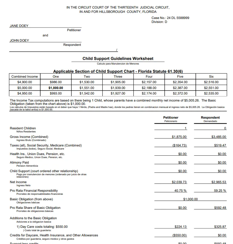 Sample output of the Florida Bilingual Child Support Worksheet