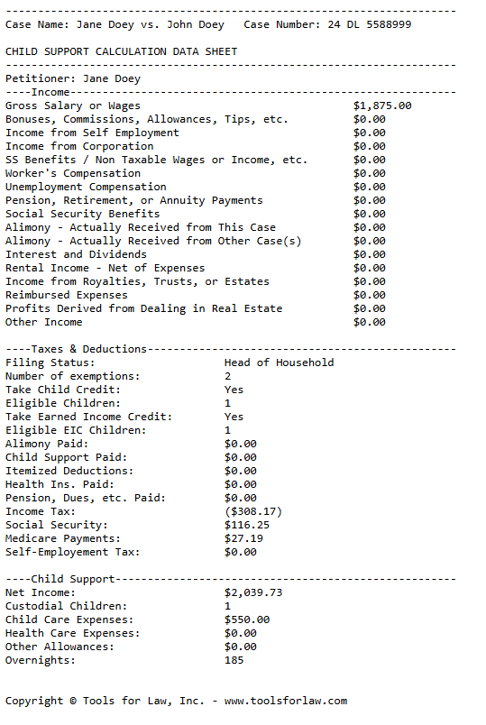 Sample output of the Florida Cild Support Calculation Sheet