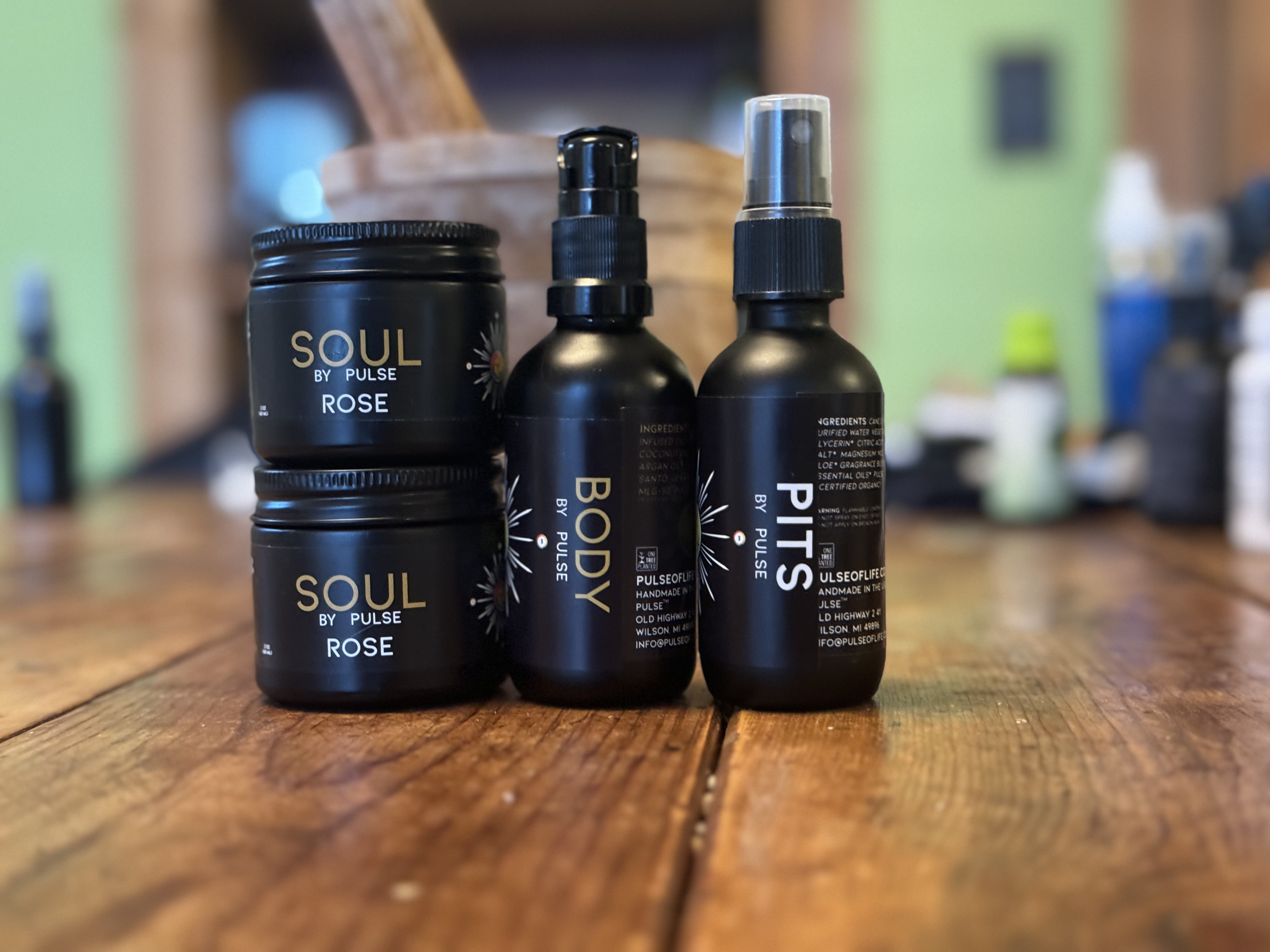 picture of the soul family of products. Body, pits, and soul. Organic hadcrafted skincare, to make you smell incredible, fight fine line and wrinkles and make you feel incredible. 