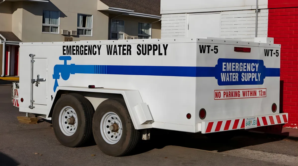 Trailer labeled “Emergency Water Supply” parked near a building.