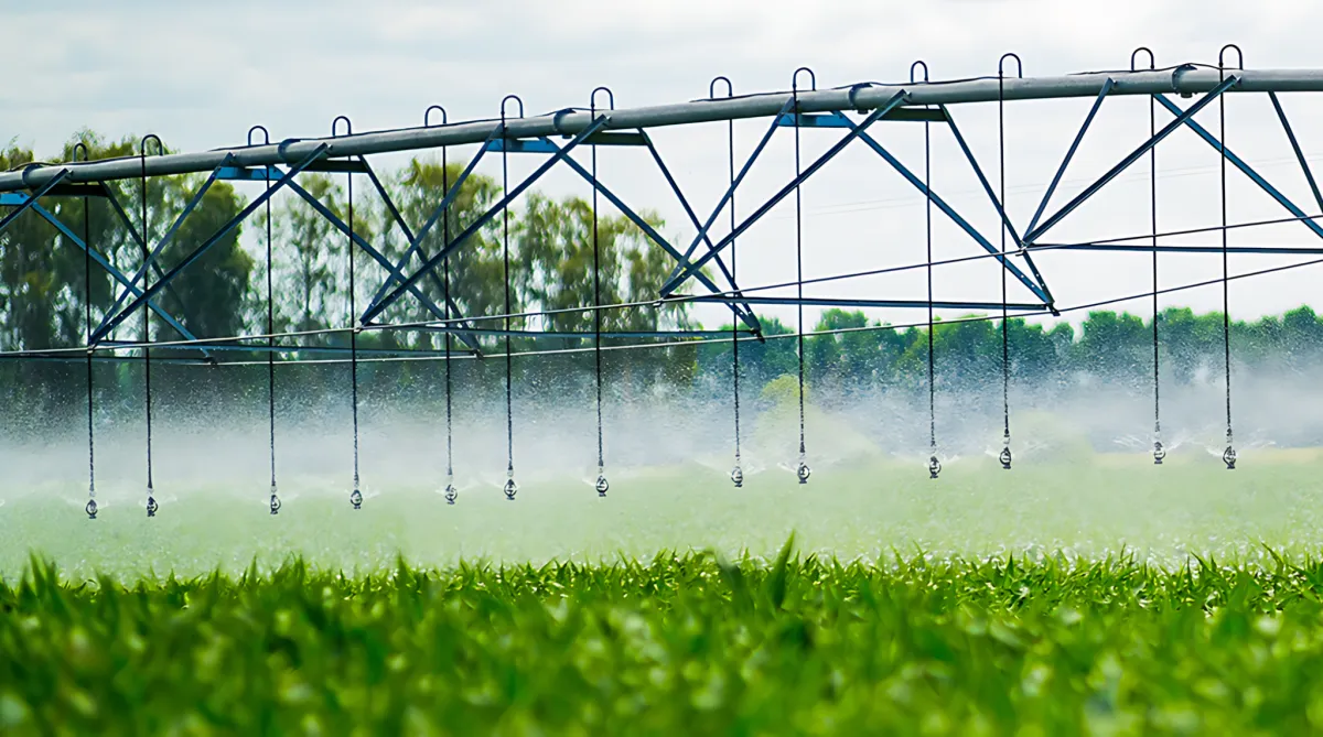 Agricultural irrigation system spraying water over a green field.