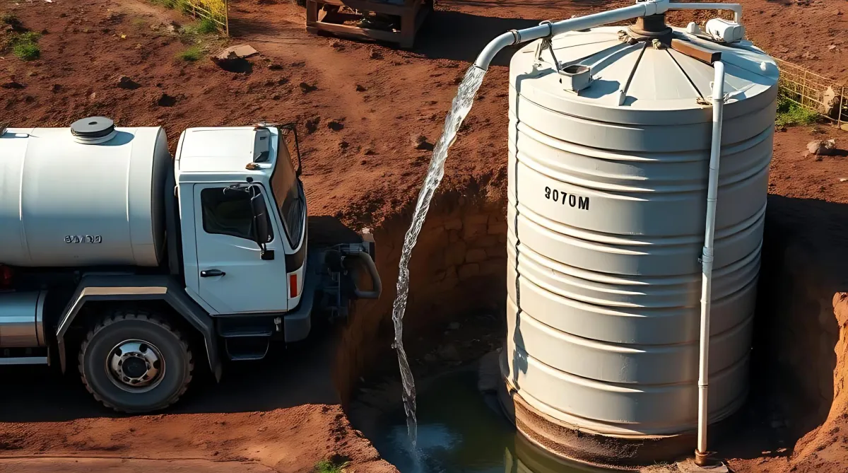 Water truck filling a large storage tank on a construction site.