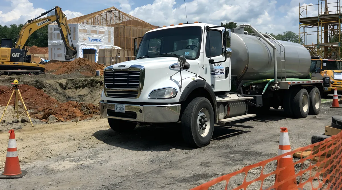 Water delivery truck labeled “H2O On Site” parked beside a building.