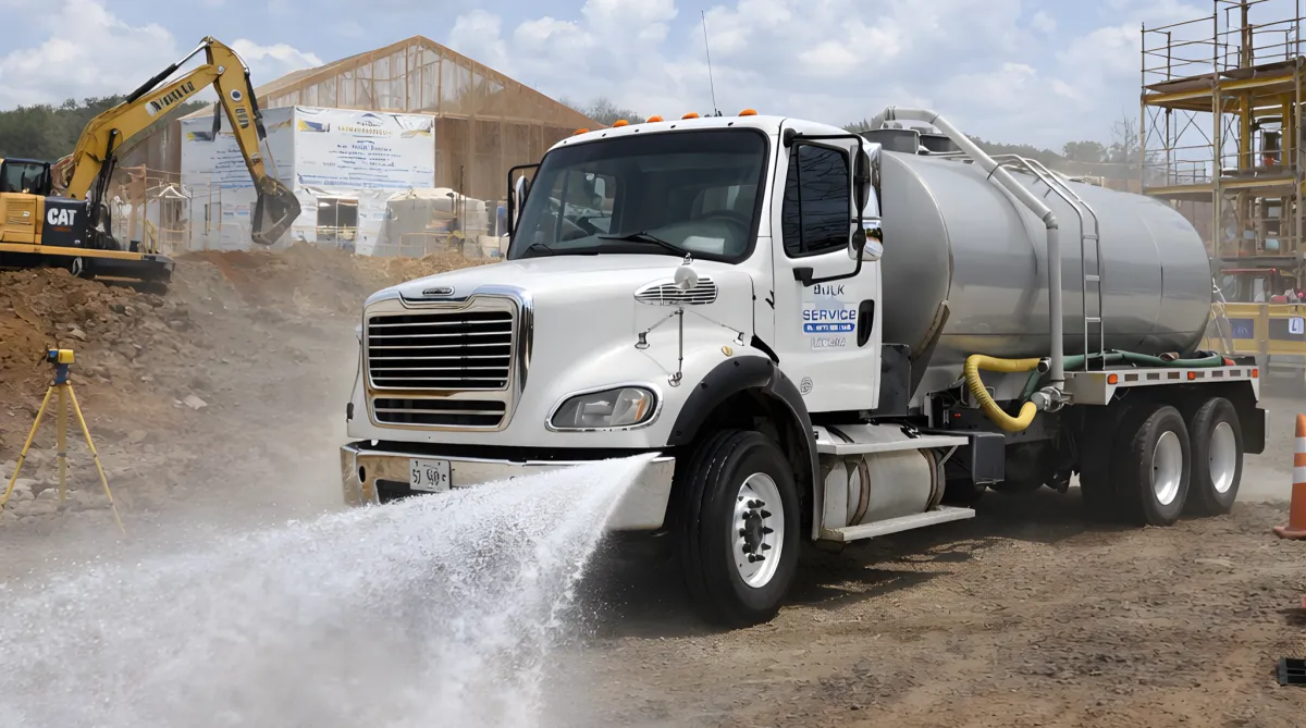Water tanker spraying water on a dusty construction road.