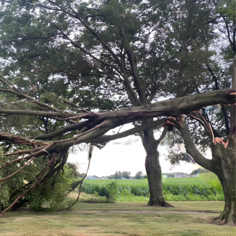 Storm damaged tree fallen across yard