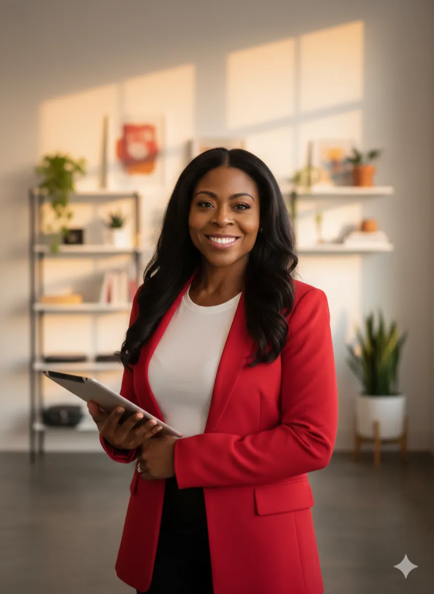 Professional portrait of a confident life insurance agent in a modern office setting, smiling warmly while discussing final expense insurance solutions.