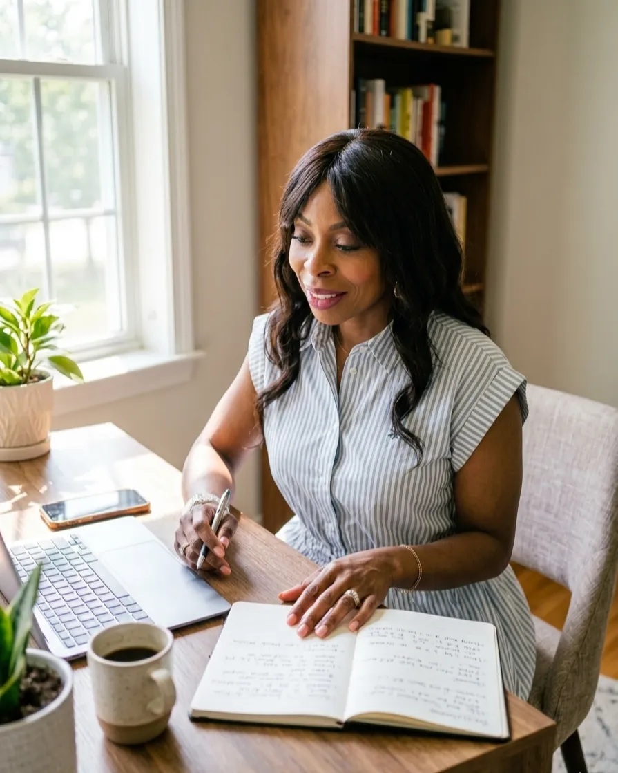 A confident professional reflecting on daily achievements while working in a bright, natural-lit workspace, symbolizing growth, productivity, and consistent success.