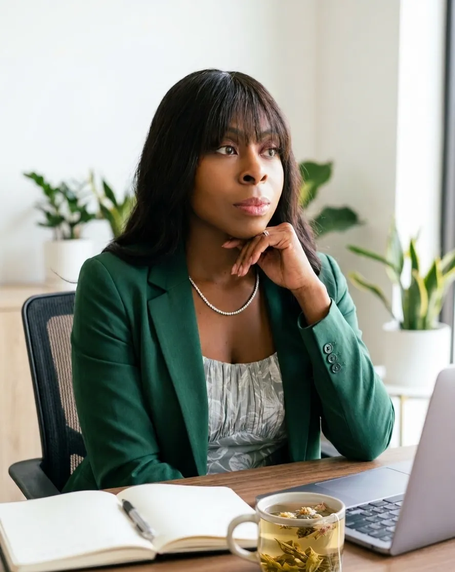 Professional final expense life insurance agent reflecting on feedback while working at a desk, symbolizing growth, resilience, and personal development in sales with natural lighting