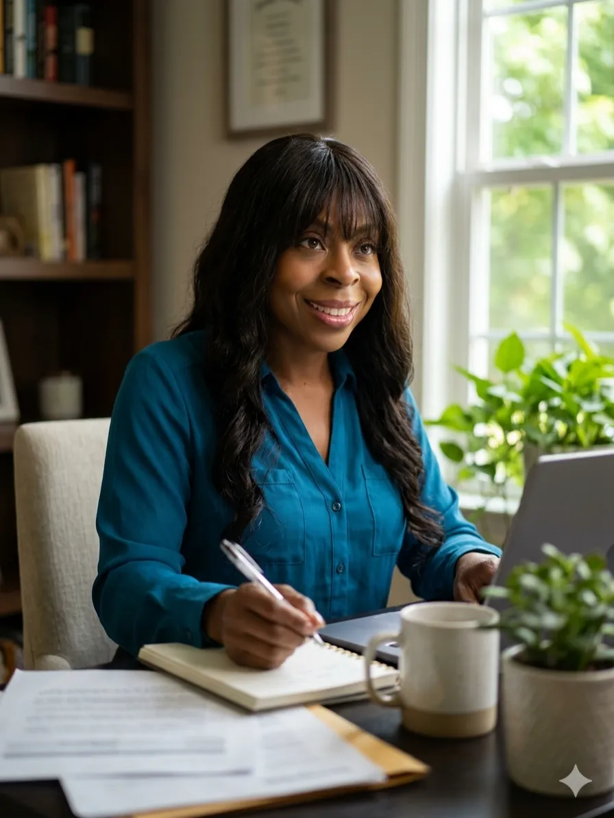 Life insurance agent reviewing goals and planning strategies in a bright workspace during spring, symbolizing growth, motivation, and business success