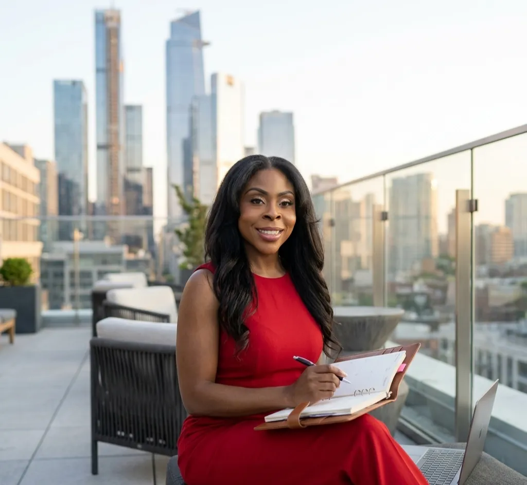 Professional woman in a colorful orange dress planning her day with a notebook and calendar, representing time management and productivity for final expense agents.