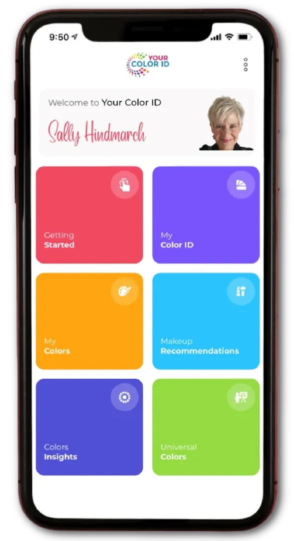 Sleek mobile mockup displaying the YOUR COLOR ID App color palette wheel and personal ID profile, surrounded by floating semi-transparent glass circles in custom seasonal tones.