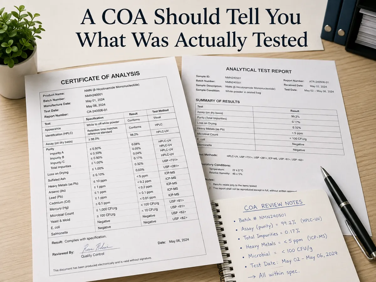 Certificate of Analysis and laboratory test reports showing batch-specific analytical results.