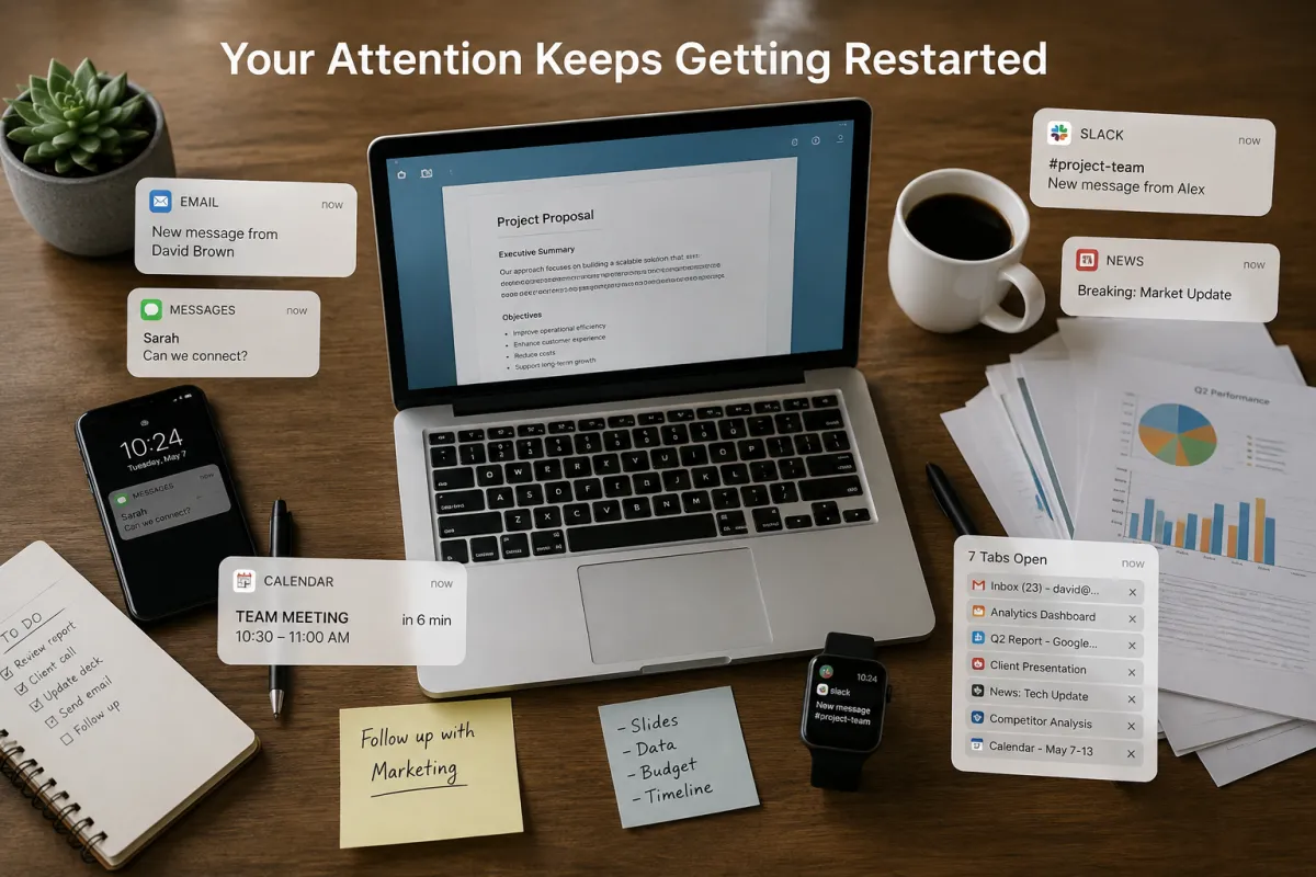 A work desk with multiple digital notifications and open tasks showing how interruptions repeatedly pull attention away from focused work.