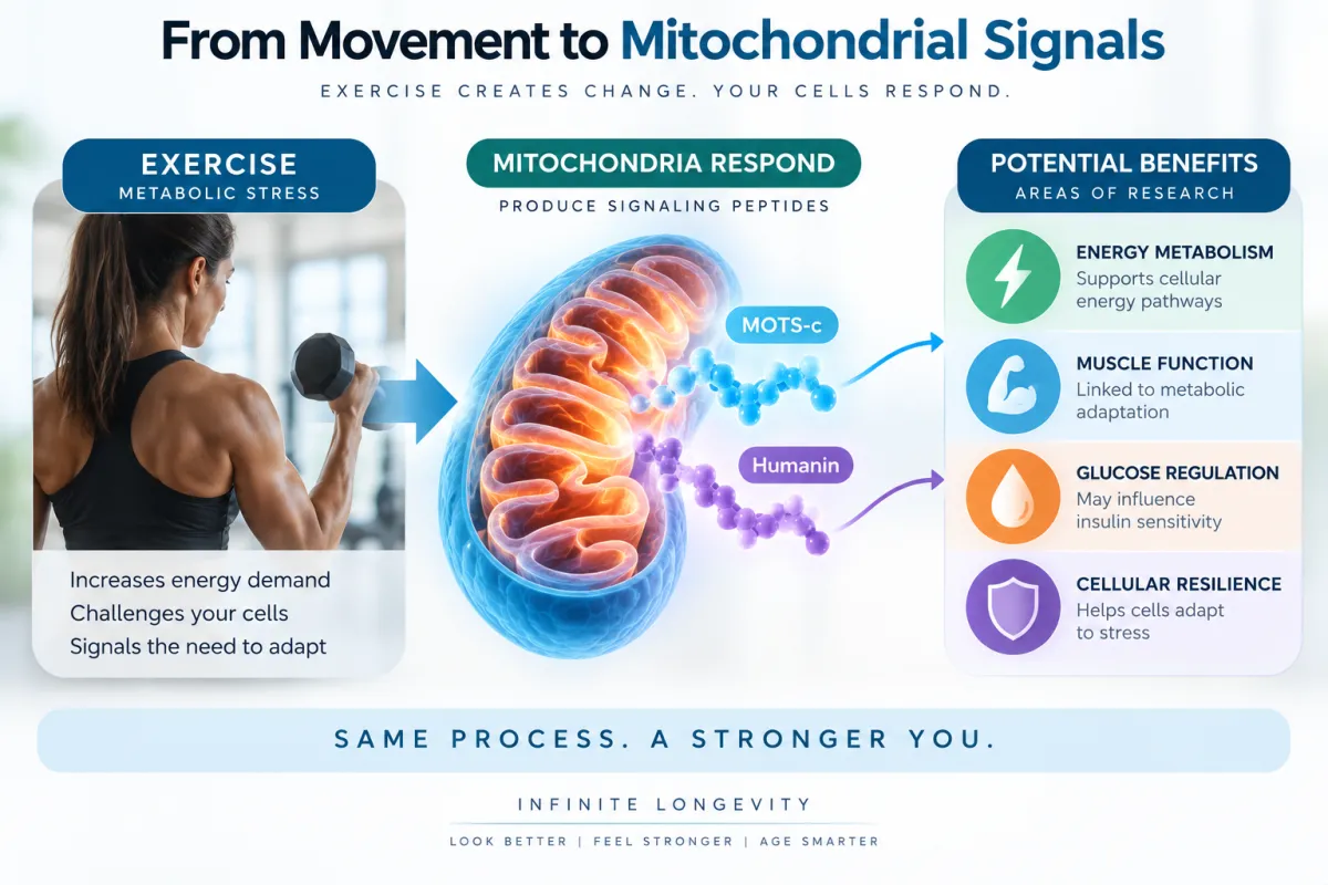 Educational illustration showing mitochondria releasing MOTS-c and Humanin as signaling peptides connected with energy metabolism, muscle, glucose regulation, and cellular stress.