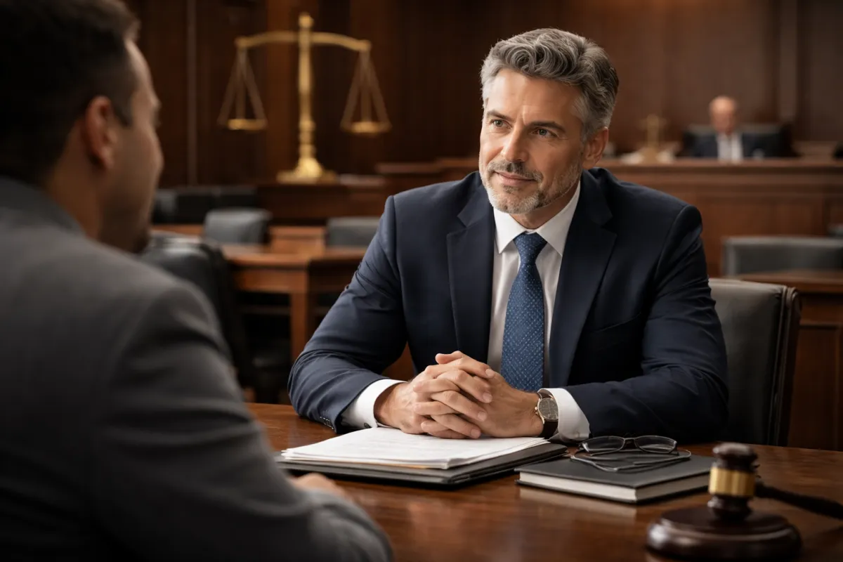 Architectural courtroom view, wide-angle composition with soft warm light, conveys legal gravity and process