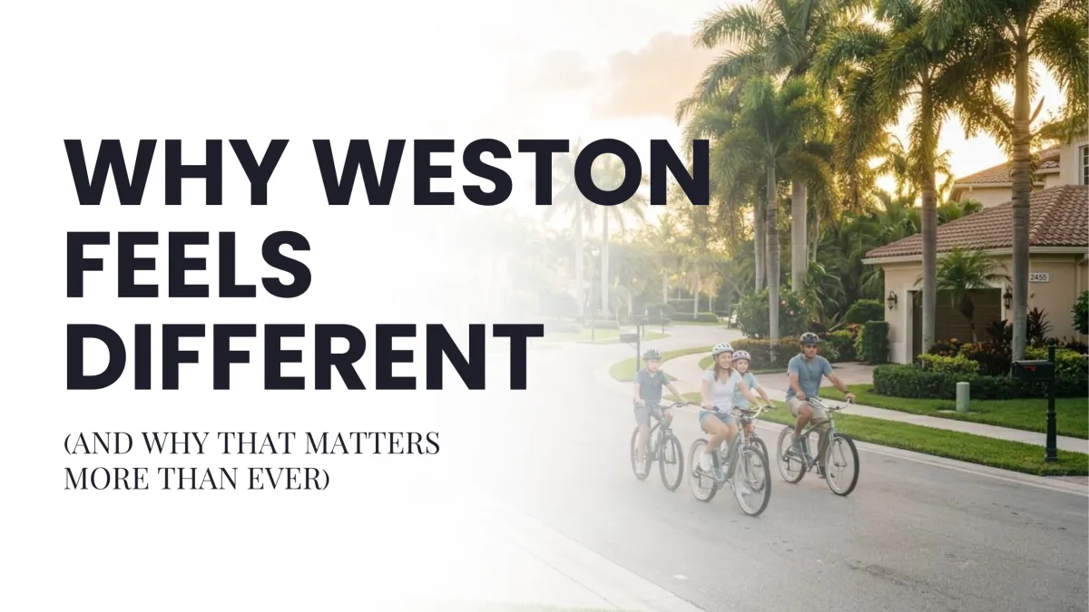 Family riding bikes in a peaceful Weston Florida neighborhood with palm trees and suburban homes, representing the Weston lifestyle