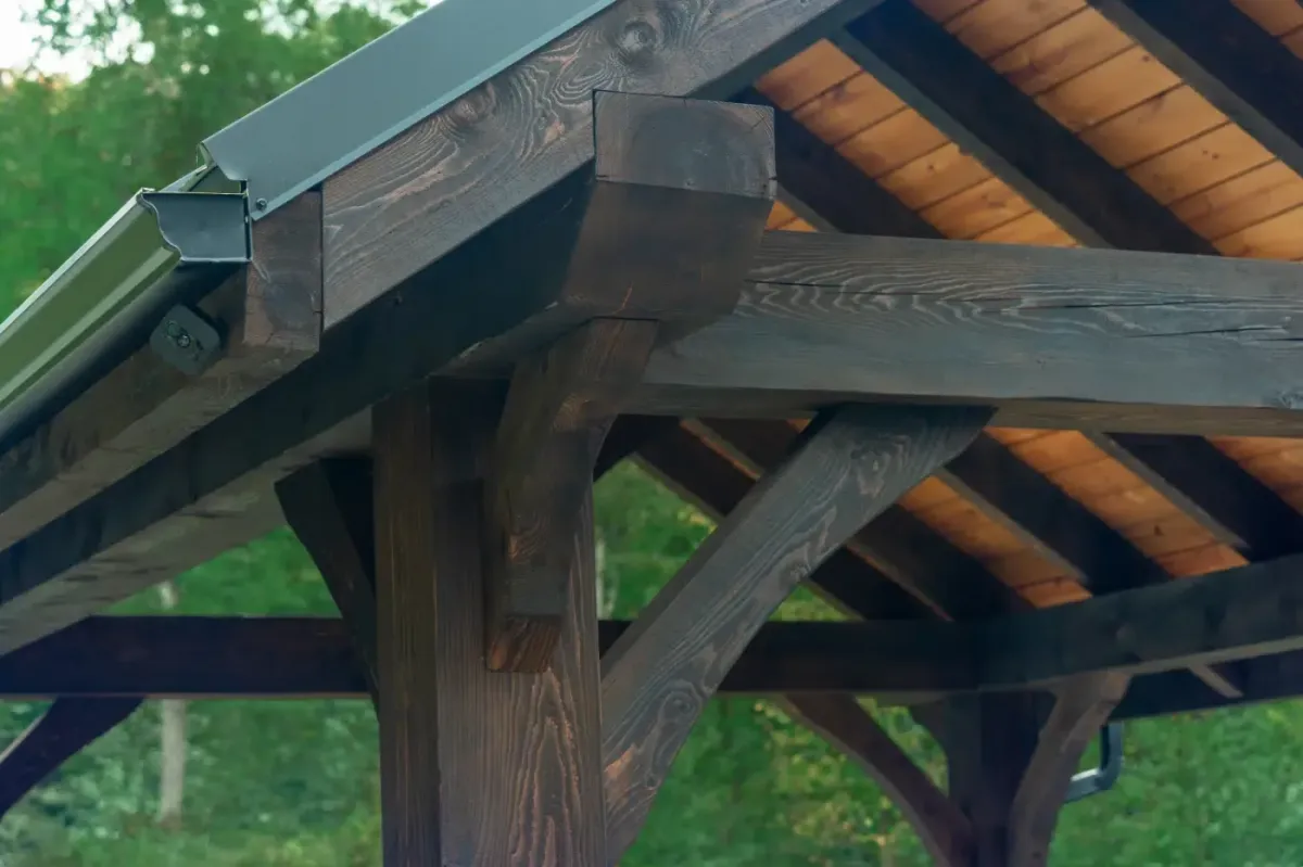 Custom timber frame pavilion built in Traverse City, Michigan by Yoder Signature Deck Co.