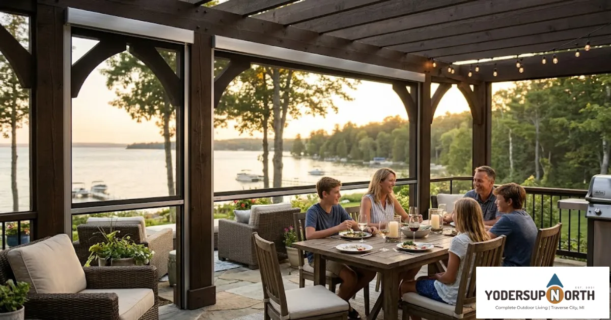 A Northern Michigan back patio at golden hour with OneTrack motorized screens fully deployed, a family dining bug-free with Grand Traverse Bay visible through the mesh — an outdoor room being used on an evening it would otherwise sit empty.