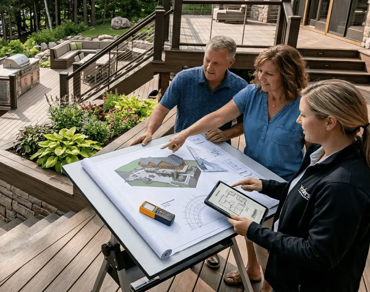 Homeowners reviewing custom deck design plans with Yoders team on-site