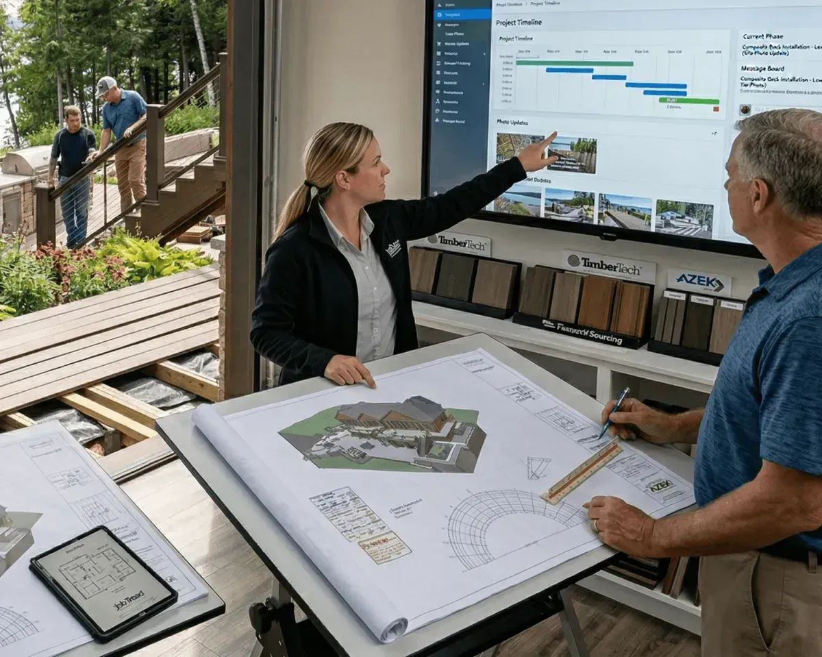 Yoders design team reviewing deck construction blueprints and materials
