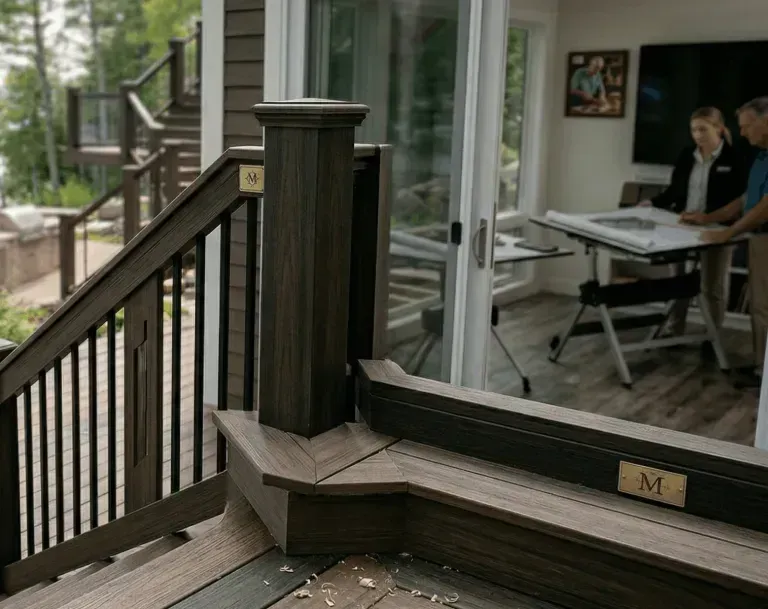 Close-up of custom deck stair and glass railing craftsmanship