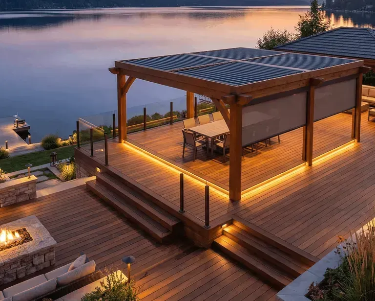 Multi-level deck with pergola and lighting overlooking Northern Michigan water view