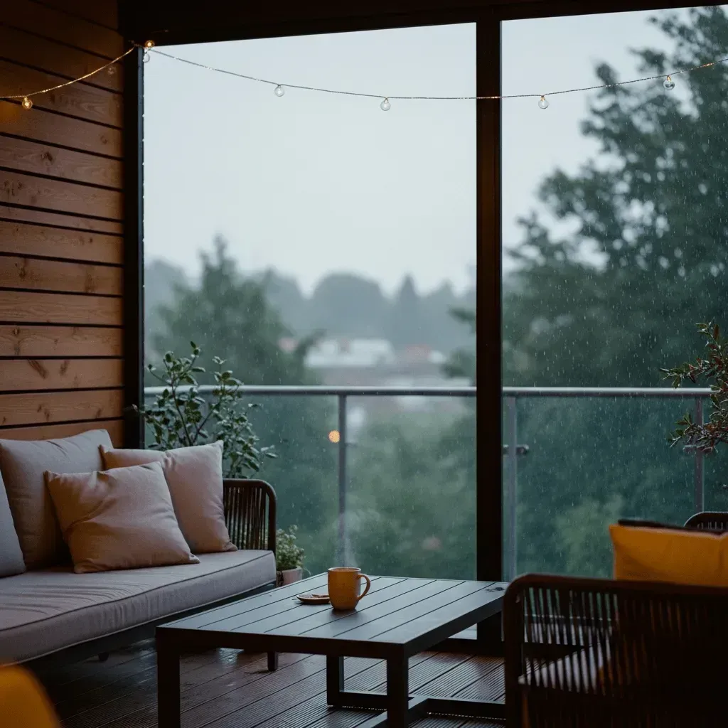 Motorized shade screens keeping a Saturday dinner party comfortable in summer heat