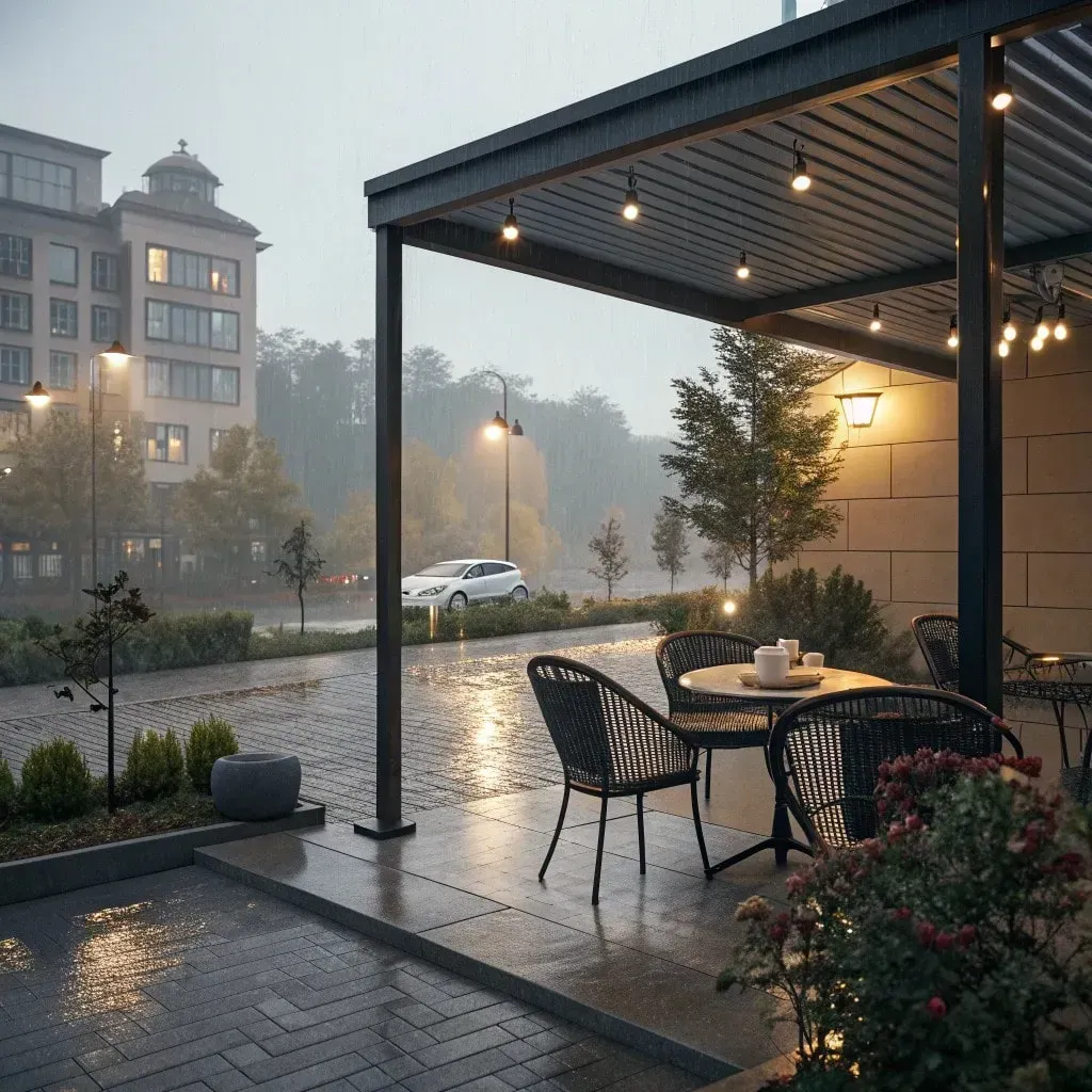 Motorized screens protecting an outdoor dining space from wind and rain