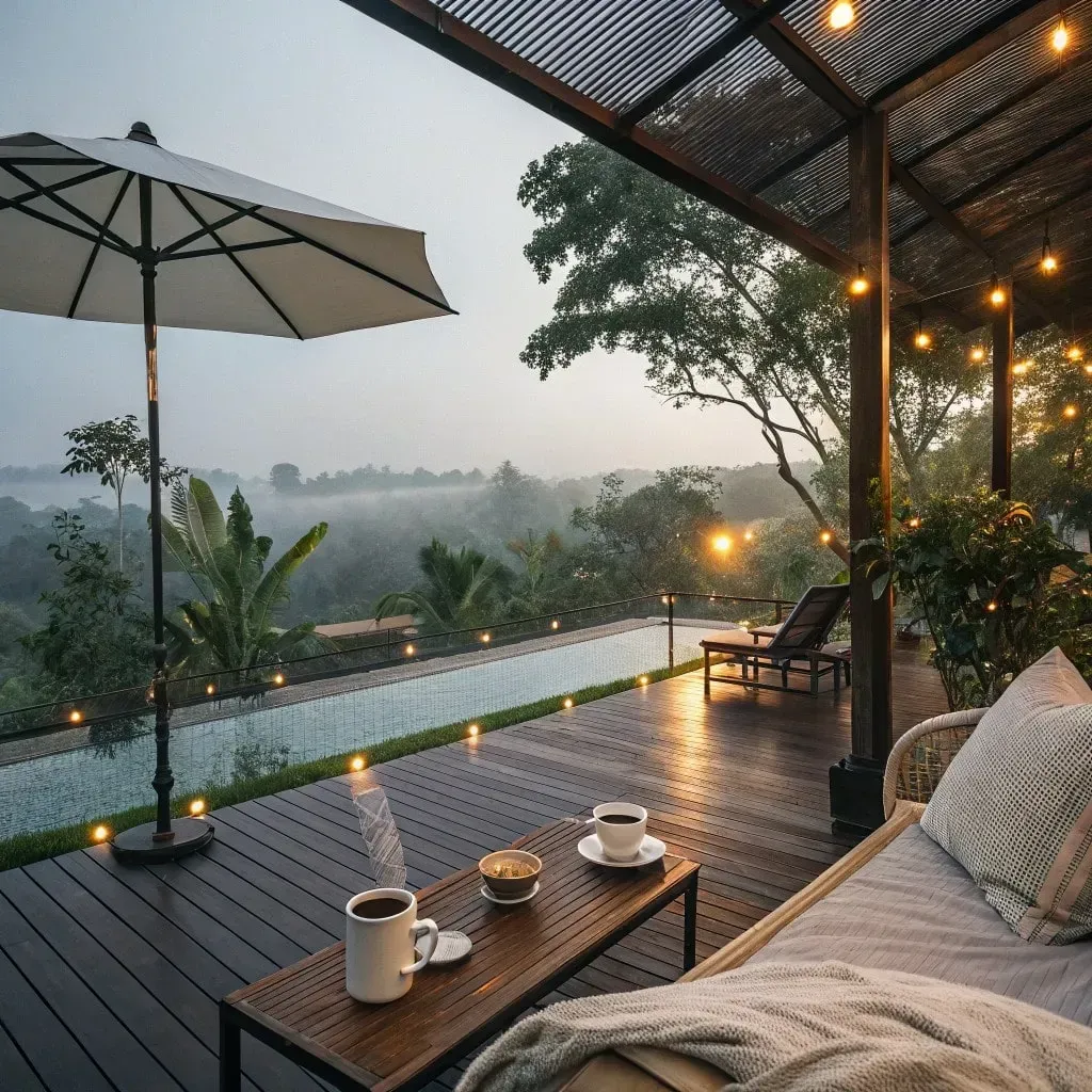 Motorized screens keeping a Northern Michigan patio dry during morning rain