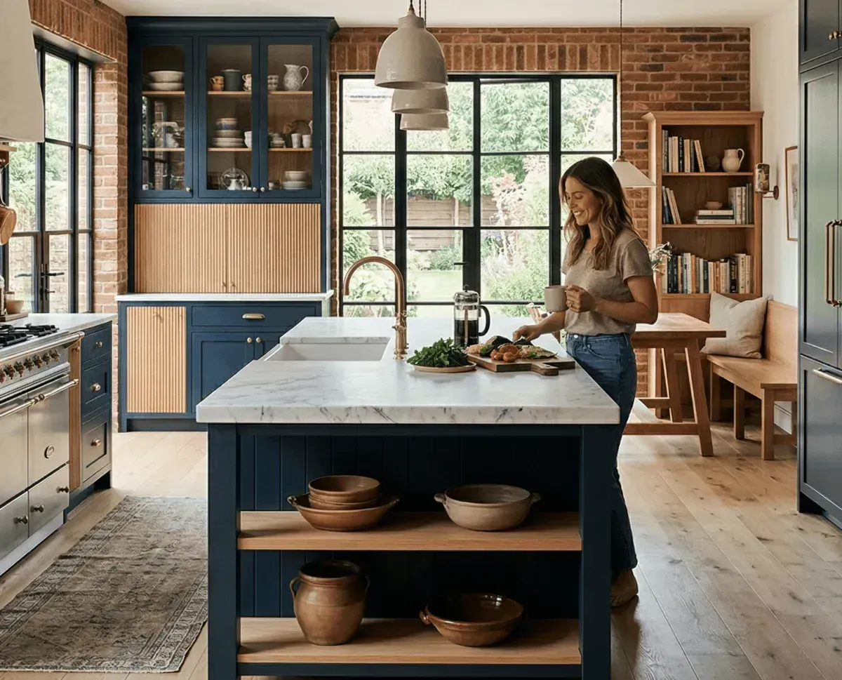 Custom kitchen remodel with blue cabinetry in a Northern Michigan home