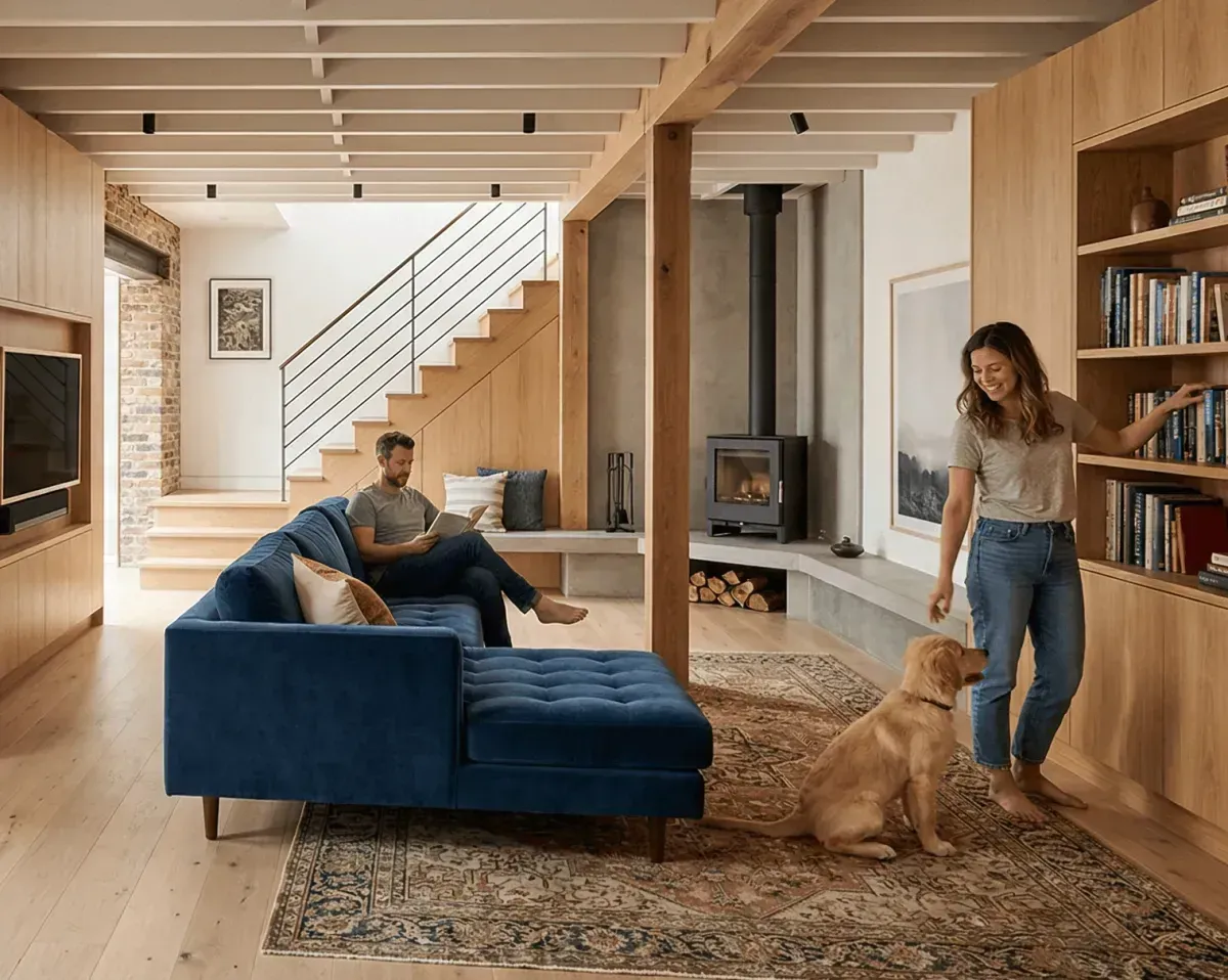 Living space remodel featuring an open floor plan and fireplace