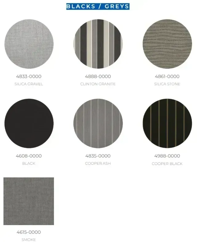 Awning fabric color swatches in the Blacks collection