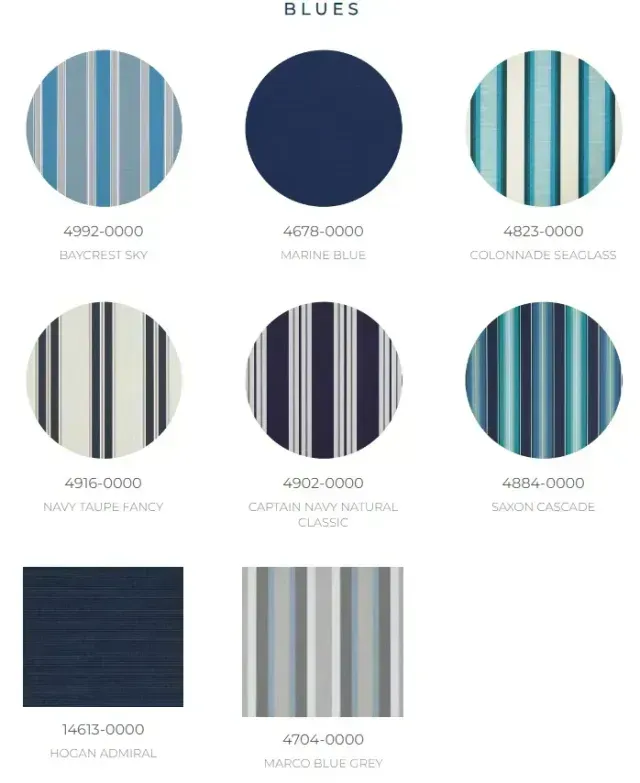 Awning fabric color swatches in the Blues collection